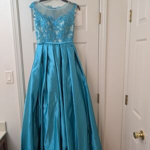 JJs House Teal Prom Dress with Lace Bodice